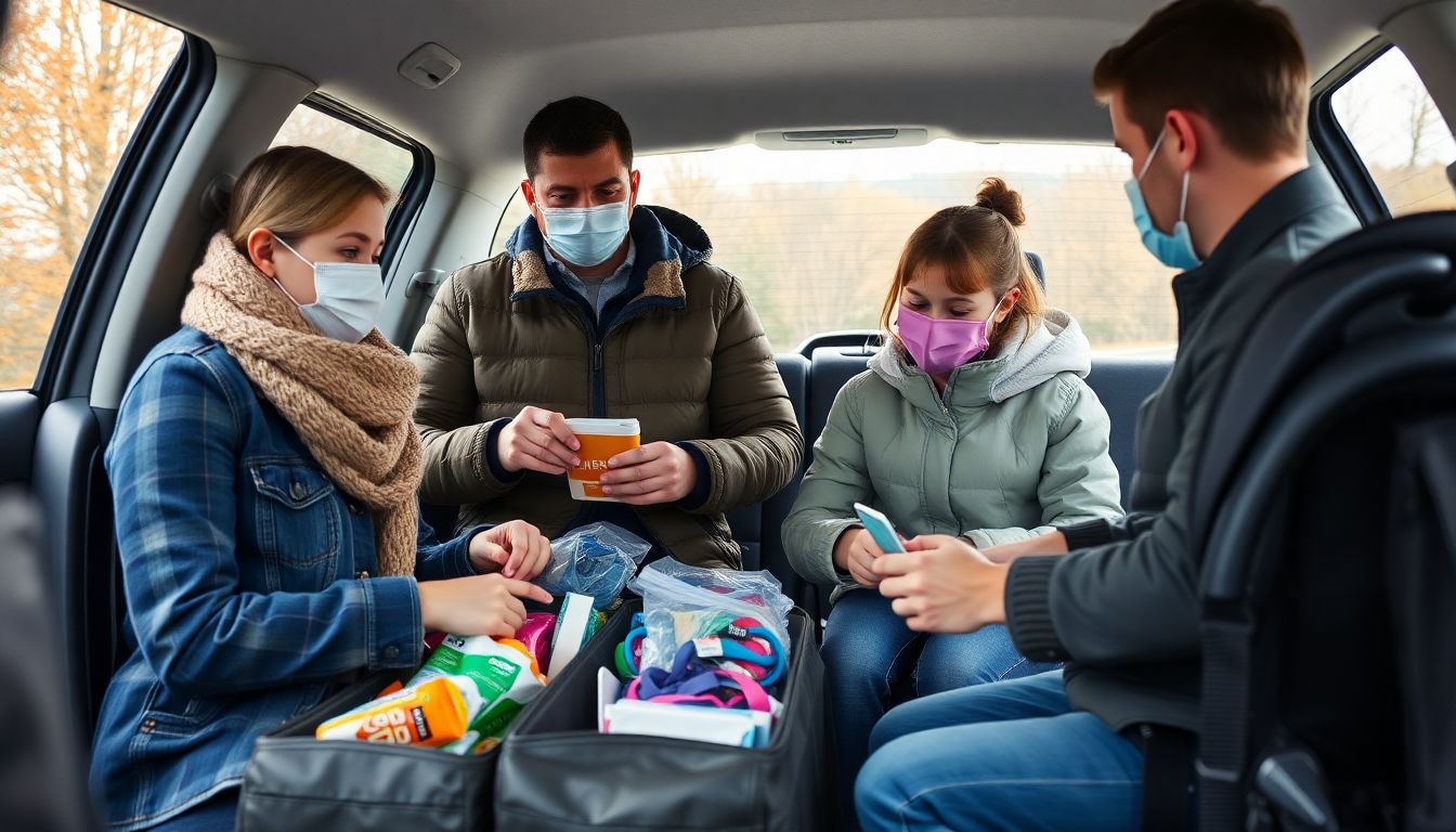 가족이 안전한 여행 준비를 위해 여행용품을 챙기는 모습