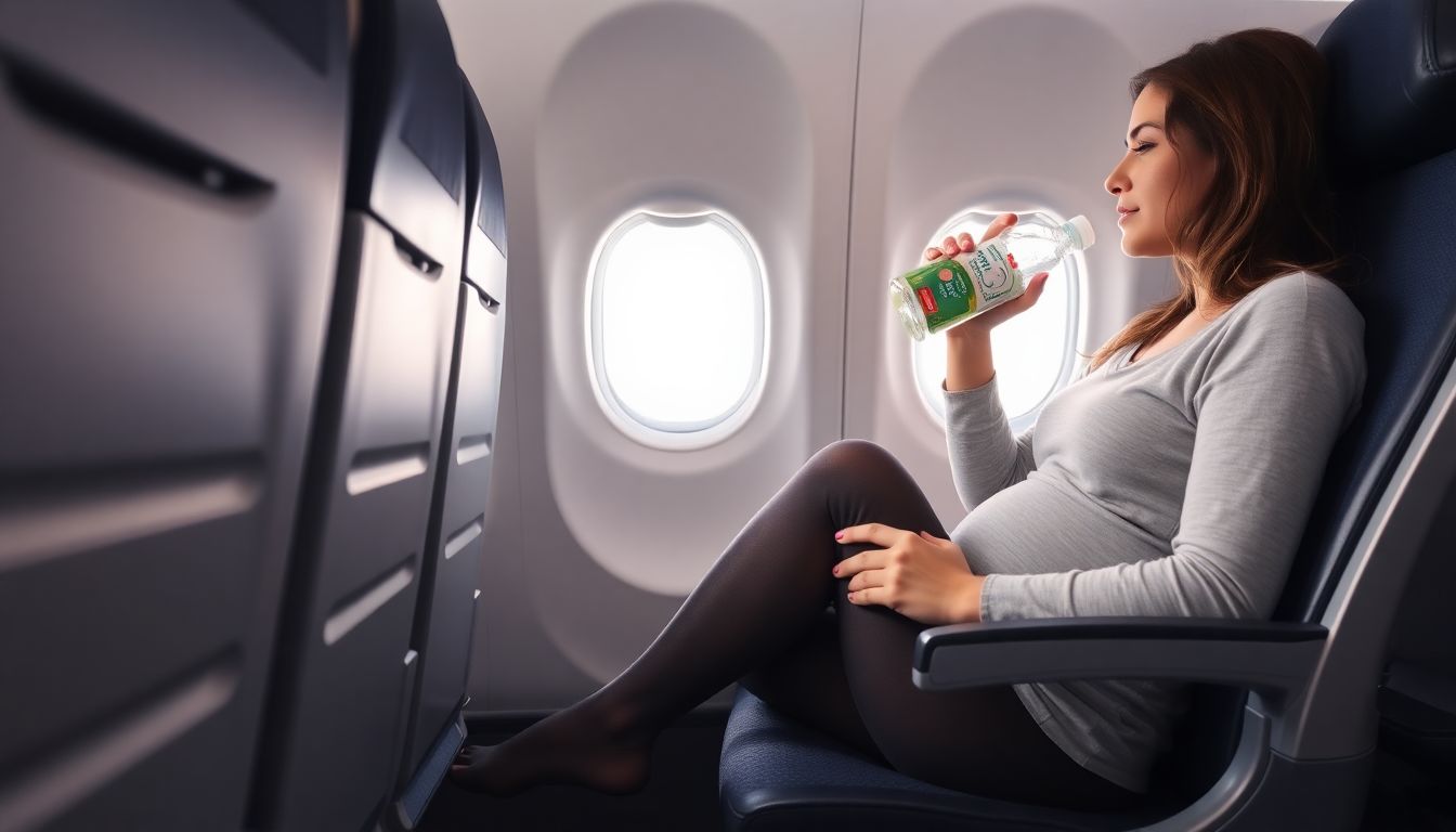 임신 초기 비행기 탑승 시 혈전 예방을 위해 통로 좌석에 앉아 스트레칭하고 수분 섭취를 하는 임산부 모습