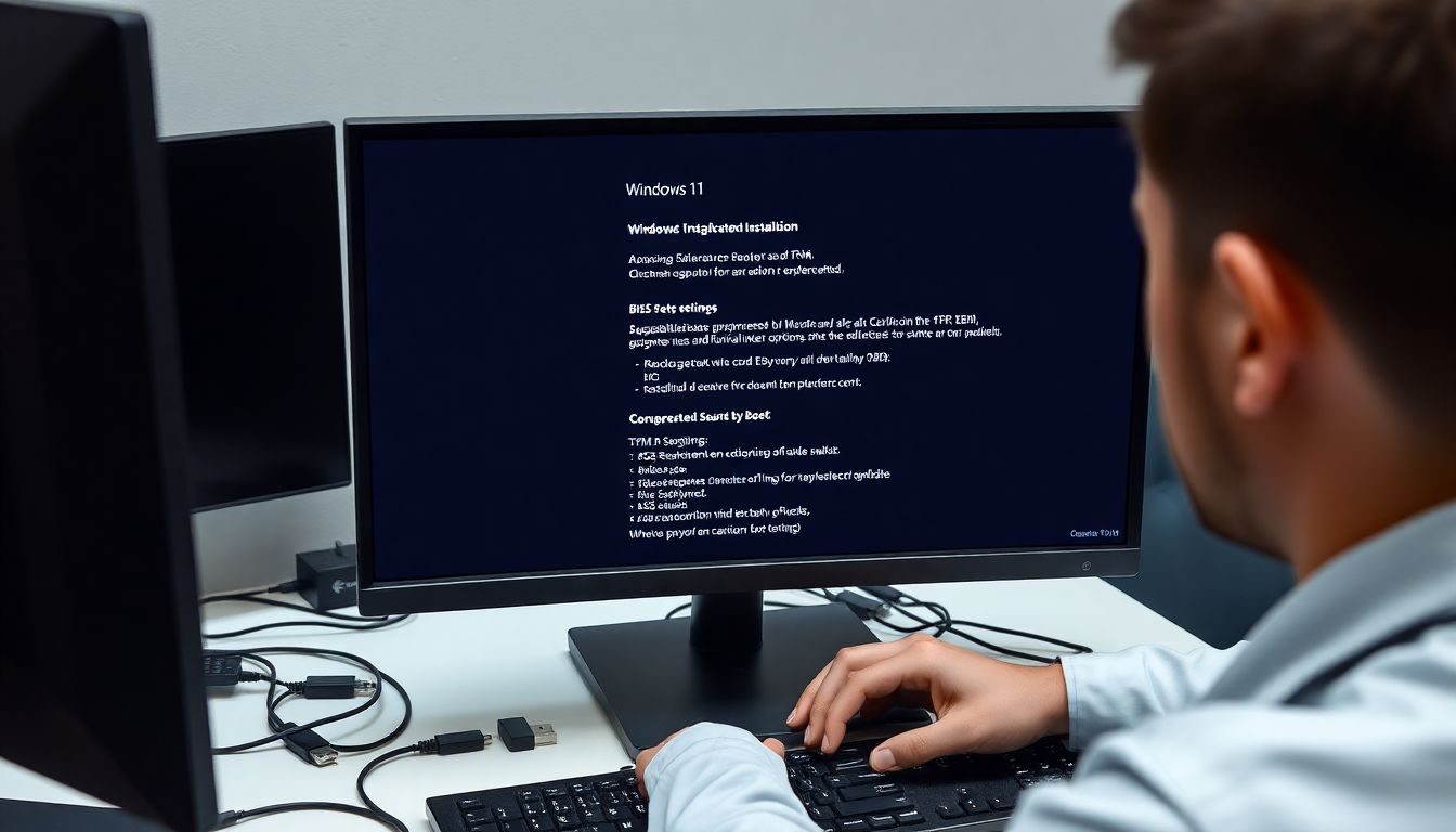 윈도우 11 설치 오류 및 문제 해결을 위해 BIOS 설정과 주변 외부 장치 분리 과정을 점검하는 기술자 모습