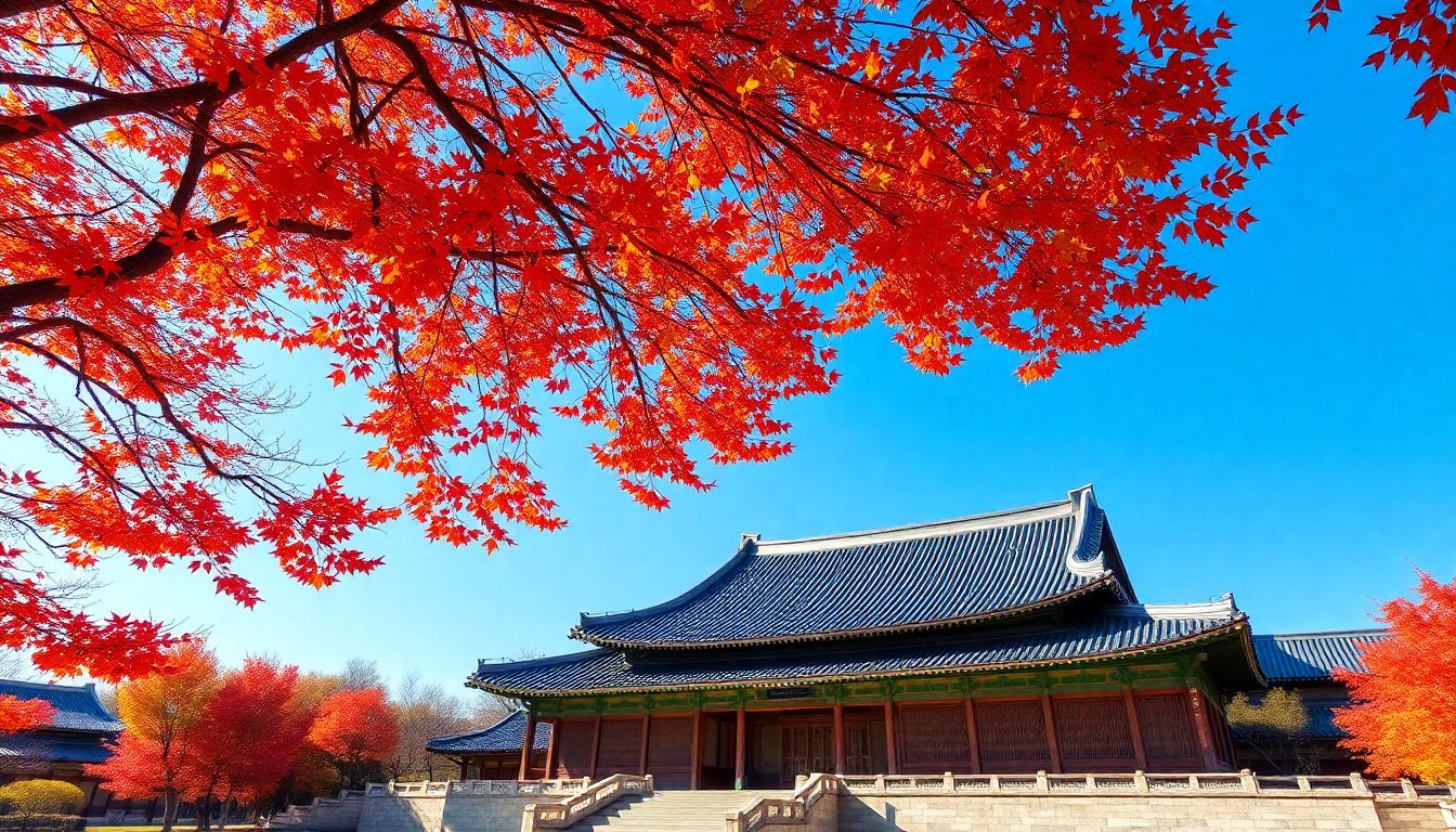 가을 단풍과 함께 고궁의 웅장한 전통 건축물이 보이는 모습