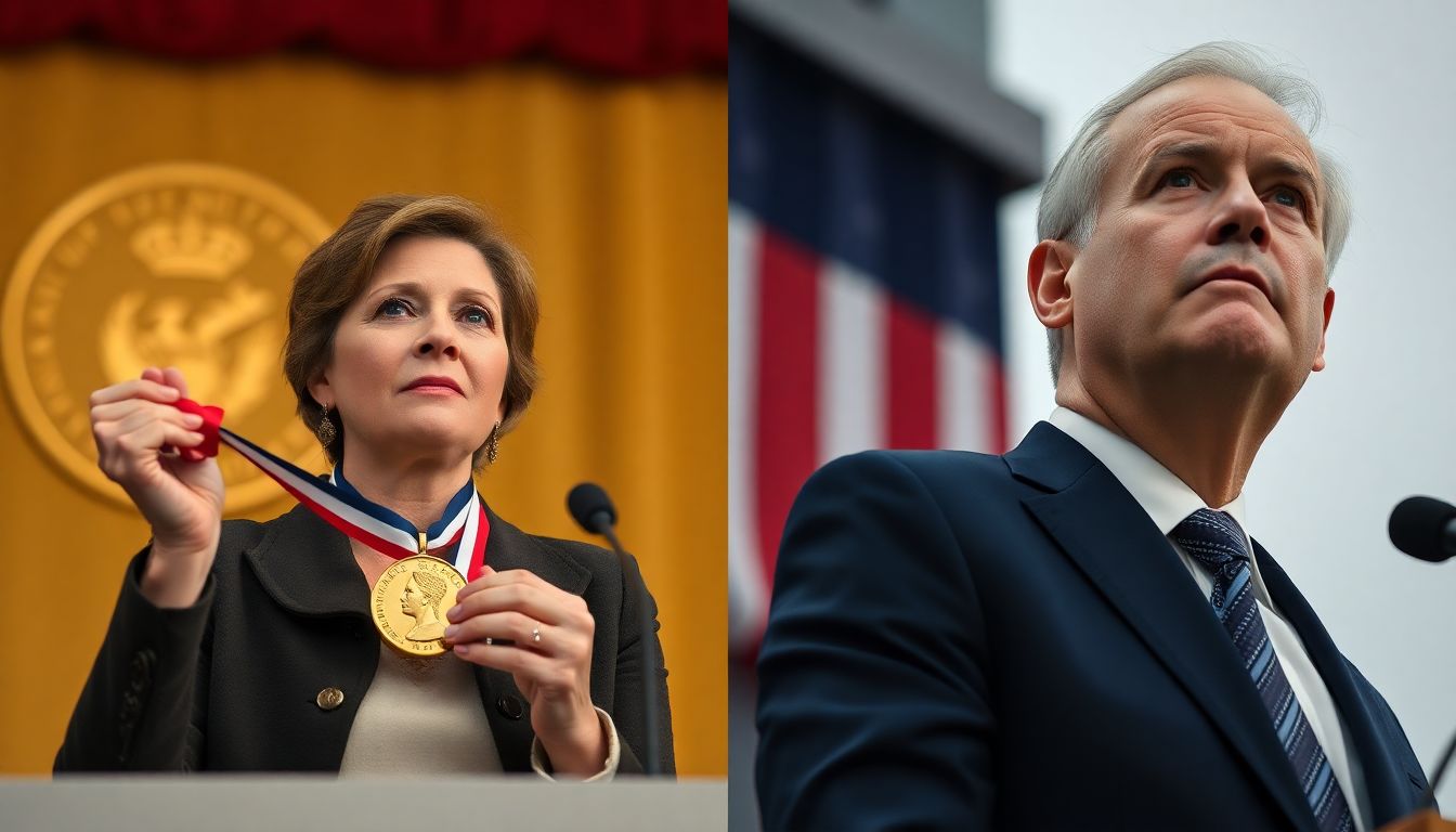노벨 평화상을 받은 여성 활동가와 수상하지 못해 아쉬워하는 남성 정치인 모습 대조