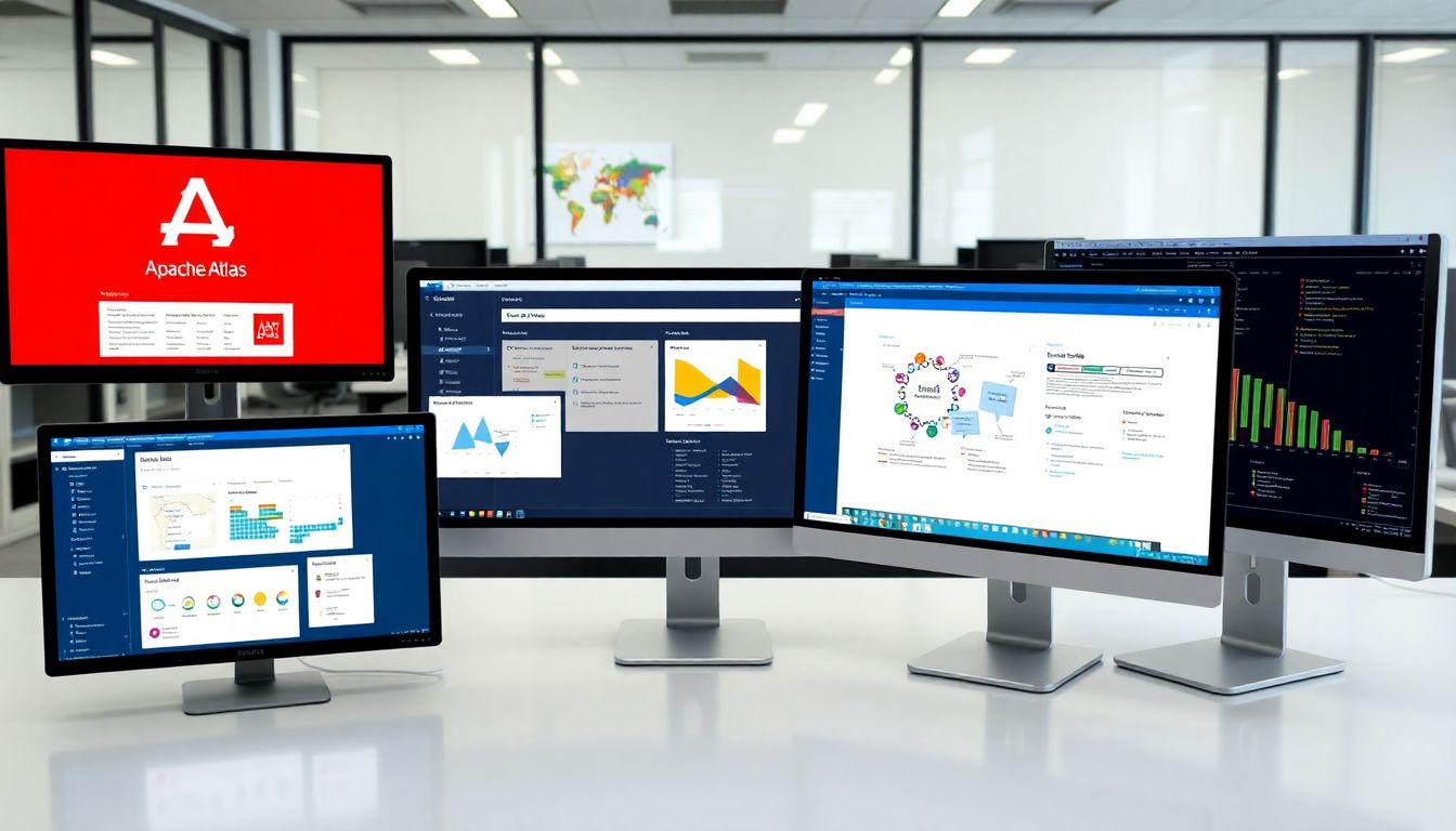 데이터 리니지 도구인 Apache Atlas, DataHub, Collibra, Tableau Catalog를 비교하는 여러 컴퓨터 화면 이미지