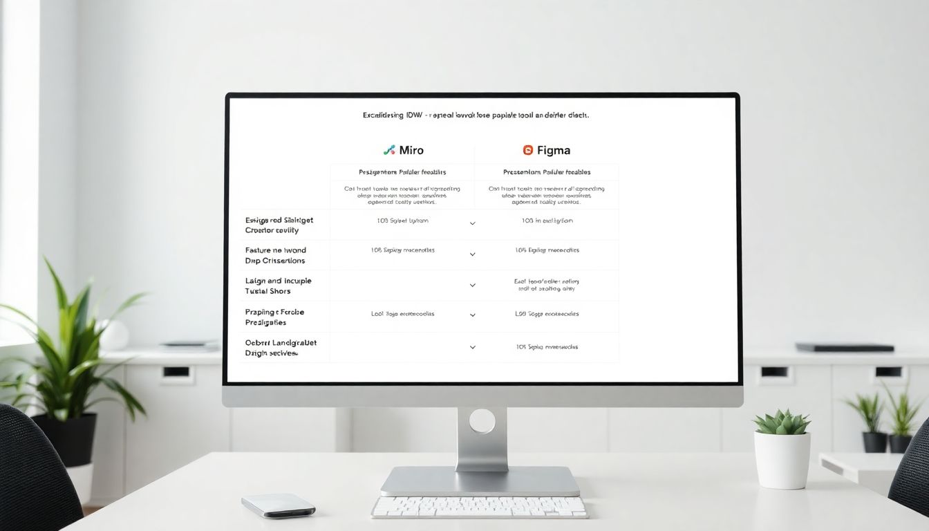 Excalidraw와 Miro, Figma 도구 기능을 비교하는 표를 보여주는 사무실 환경