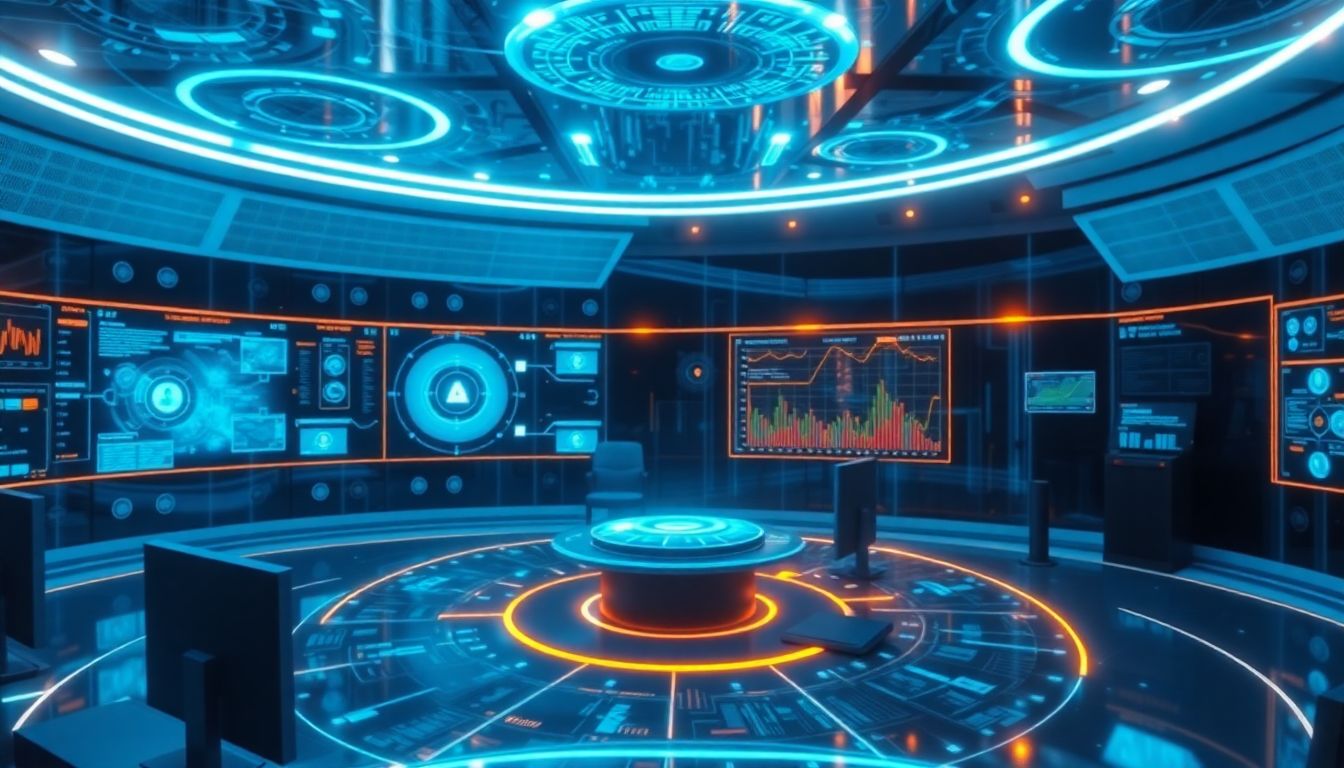 AI 기반 통합 관제 시스템과 제로 트러스트 보안 모델을 상징하는 미래형 디지털 통제실