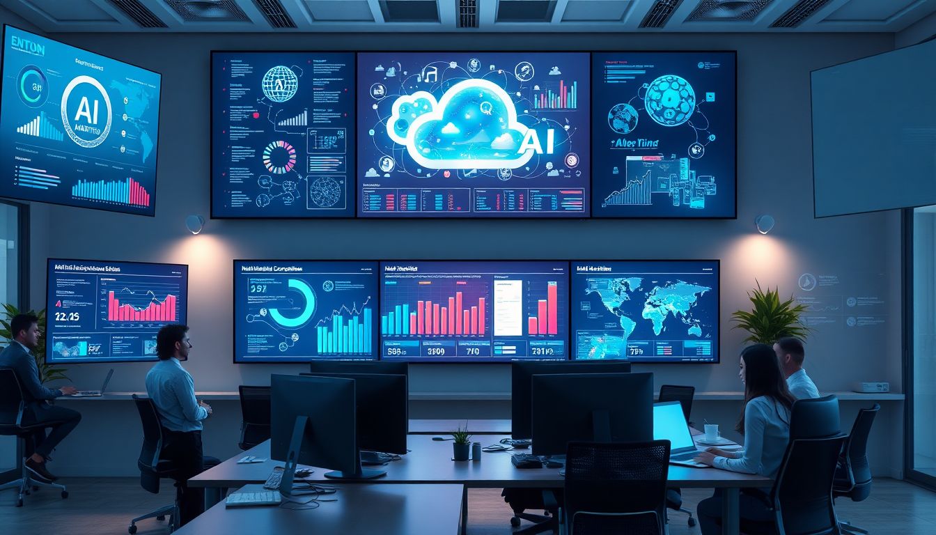 AI 마케팅 클라우드 기술과 기업 고객 네트워크를 시각화한 업무 환경