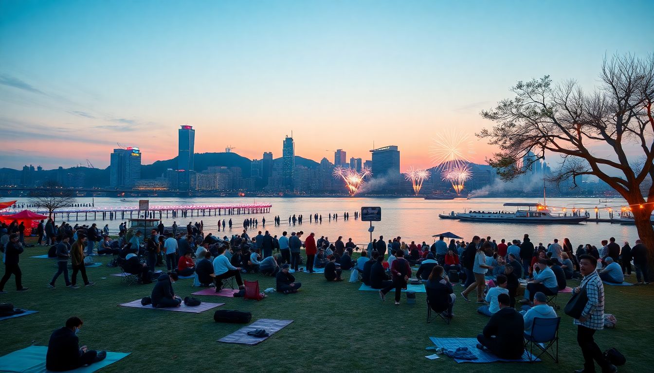 여의도 한강공원에서 저녁 불꽃놀이를 준비하는 군중들