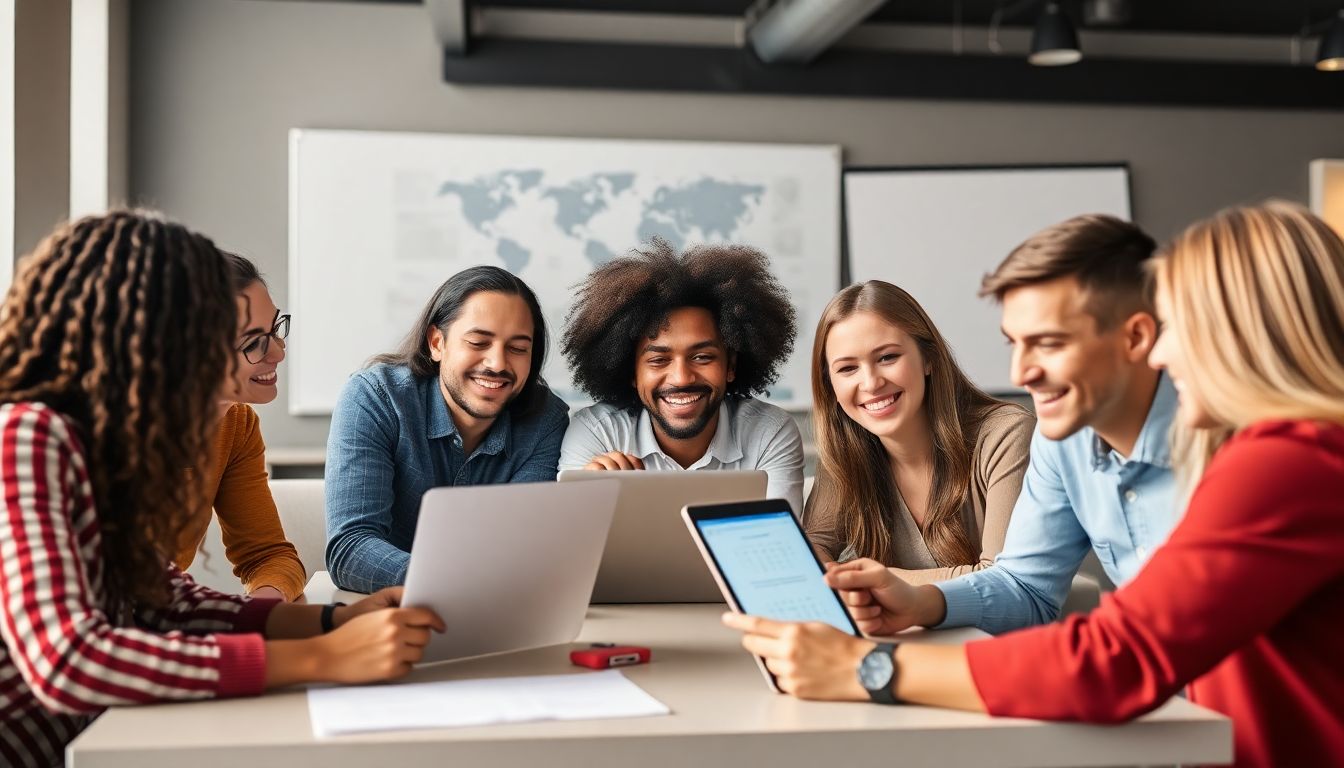 다양한 구성원이 노트북과 태블릿으로 Excalidraw를 사용하며 실시간 협업으로 생산성과 소통을 높이는 장면