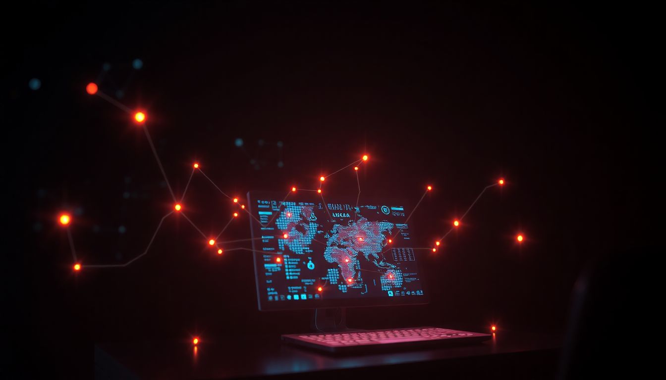 로컬 AI 주권과 혁신을 상징하는 미래 지향적 디지털 장면, 개인용 컴퓨터 위로 빛나는 신경망 연결