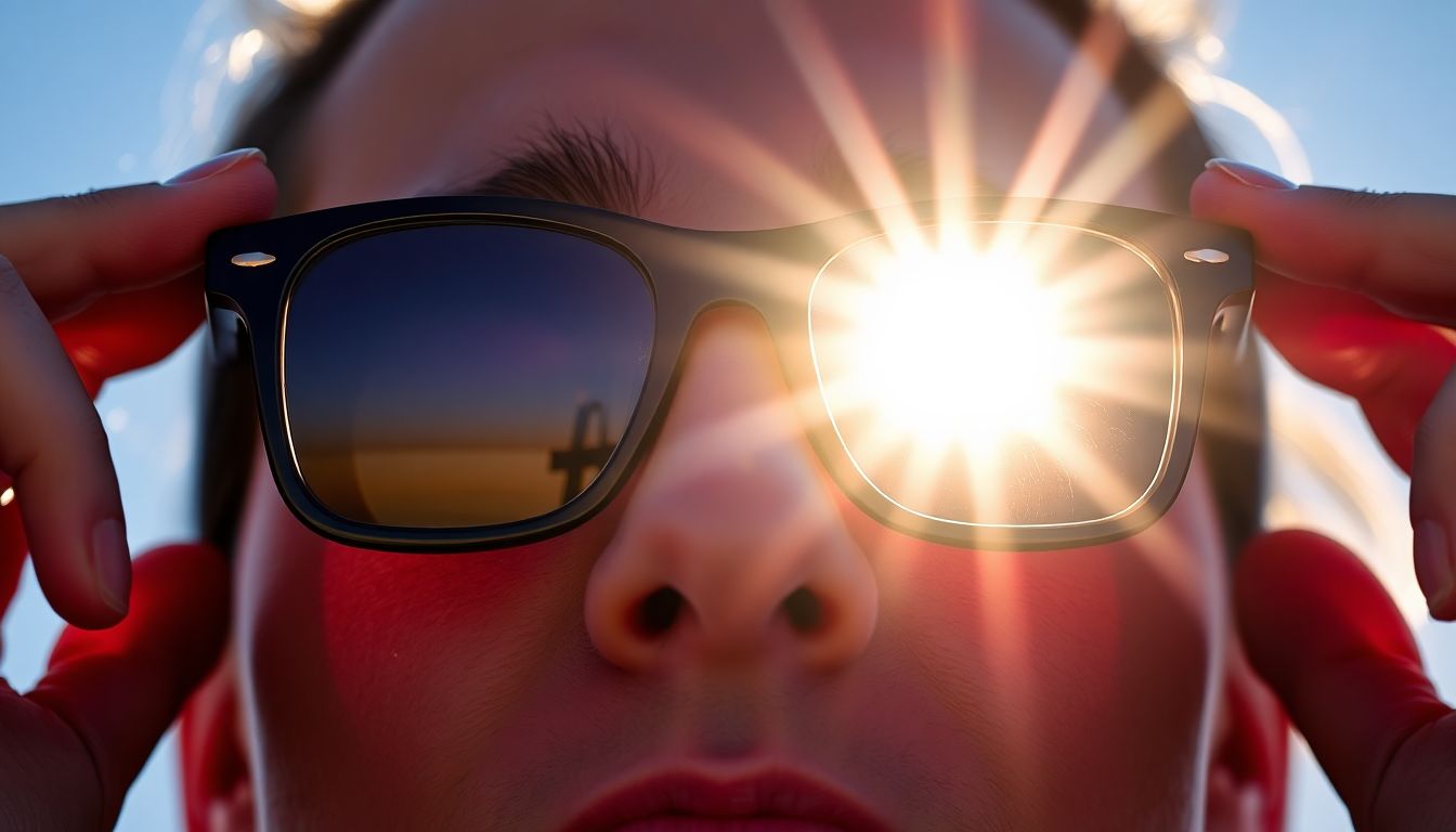 ISO 인증 태양 필터 안경을 착용하고 안전하게 태양을 관측하는 모습