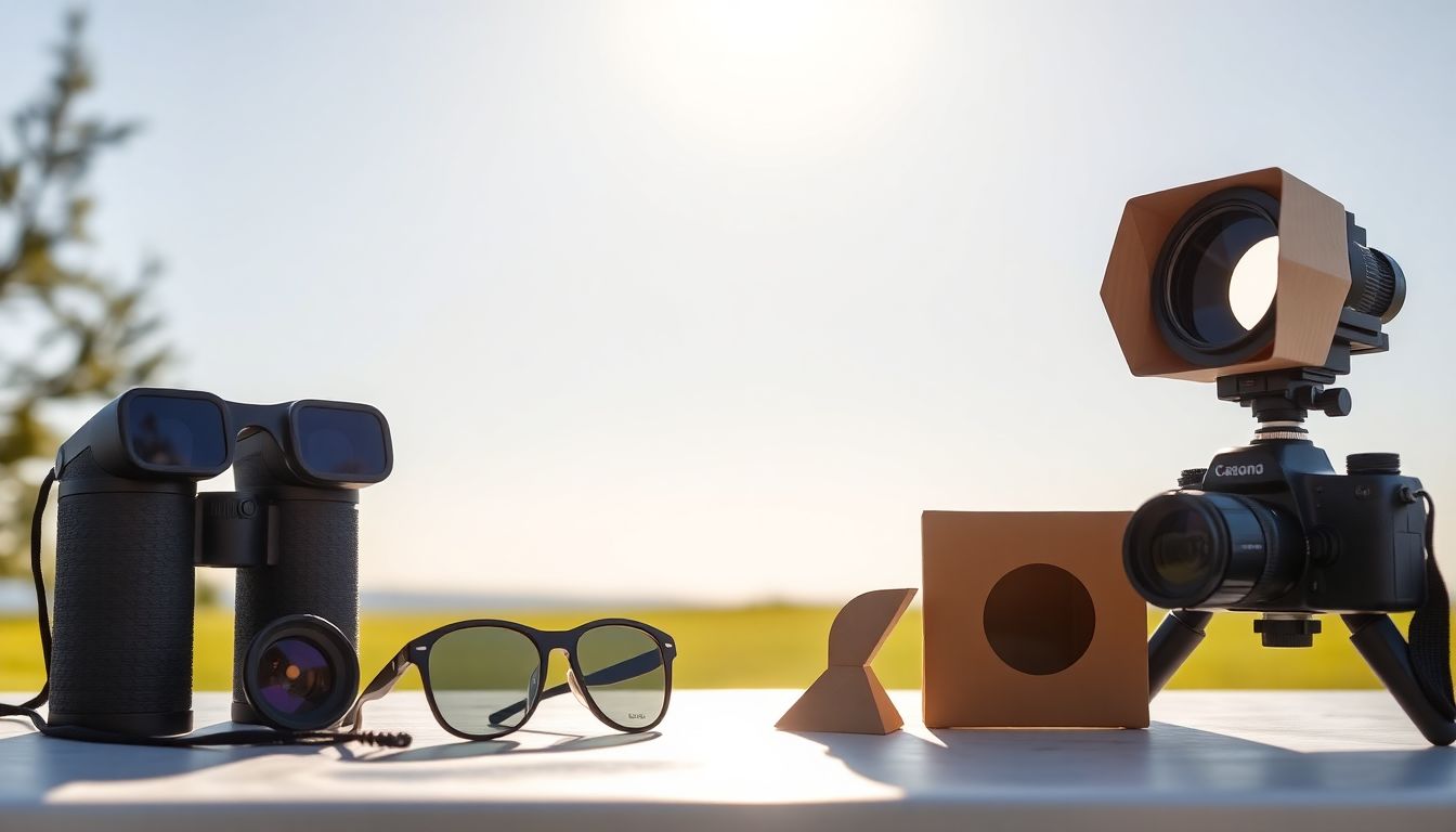 개기일식 관측을 위한 인증 장비들과 핀홀 프로젝터 등 실용적 준비물