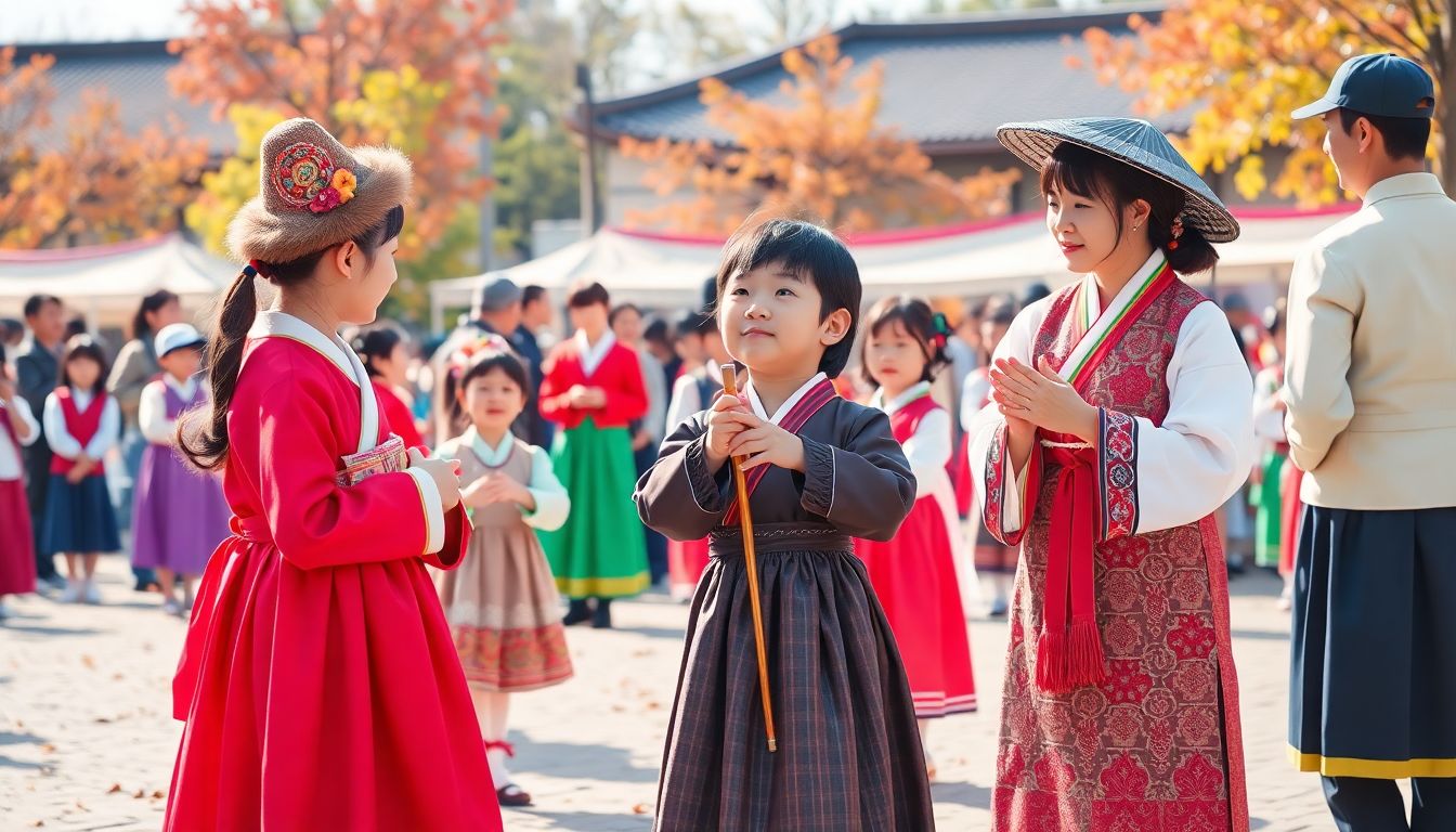 전통 한복을 입고 전통놀이와 풍물놀이를 즐기는 가족들의 모습