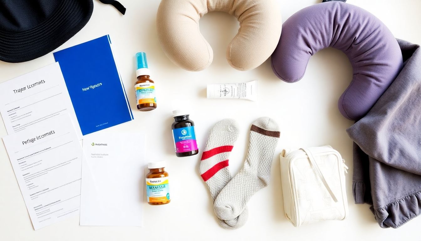 임산부 여행 필수 준비물들을 정돈하여 보여주는 이미지