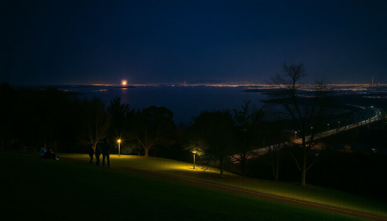 사육신공원의 고지대에서 한강과 도심 불빛, 불꽃을 조용히 관람하는 모습