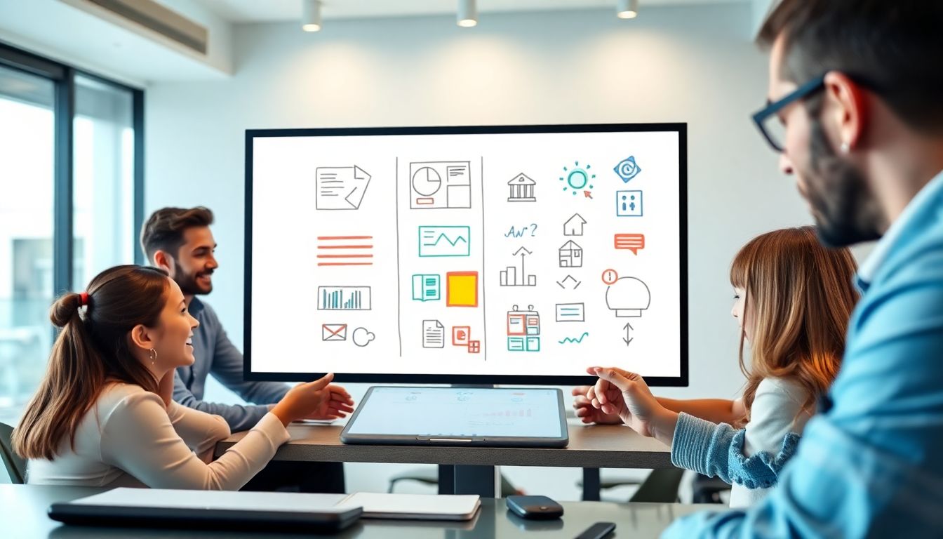 팀이 여러 기기를 통해 실시간으로 손그림 느낌의 다이어그램을 공유하며 원격 협업하는 모습