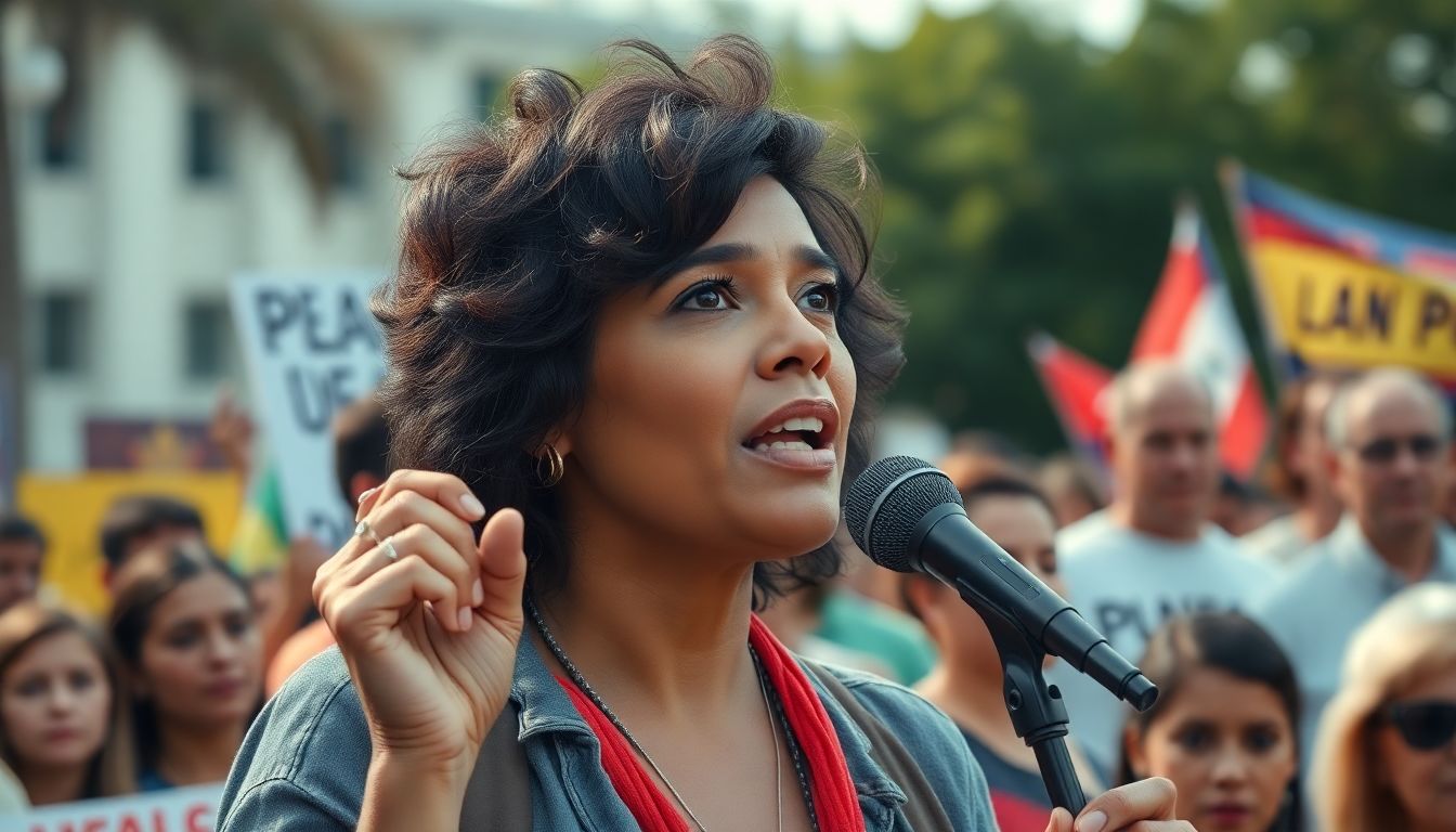 평화적 시위에서 열정적으로 연설하는 베네수엘라 여성 지도자 모습