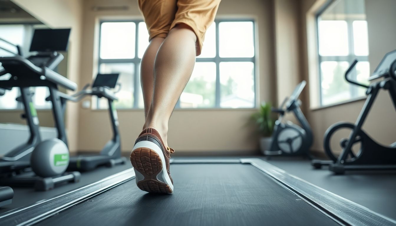 천연 섬유 운동복과 가죽 운동화를 착용한 사람이 러닝머신에서 운동하는 모습