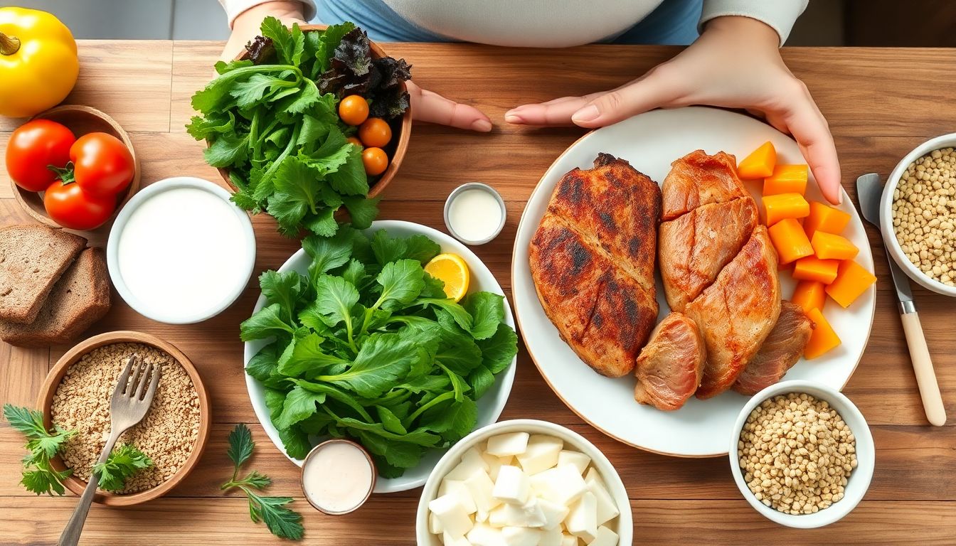 쌍둥이 임산부 맞춤 영양 섭취를 보여주는 건강한 식사 이미지