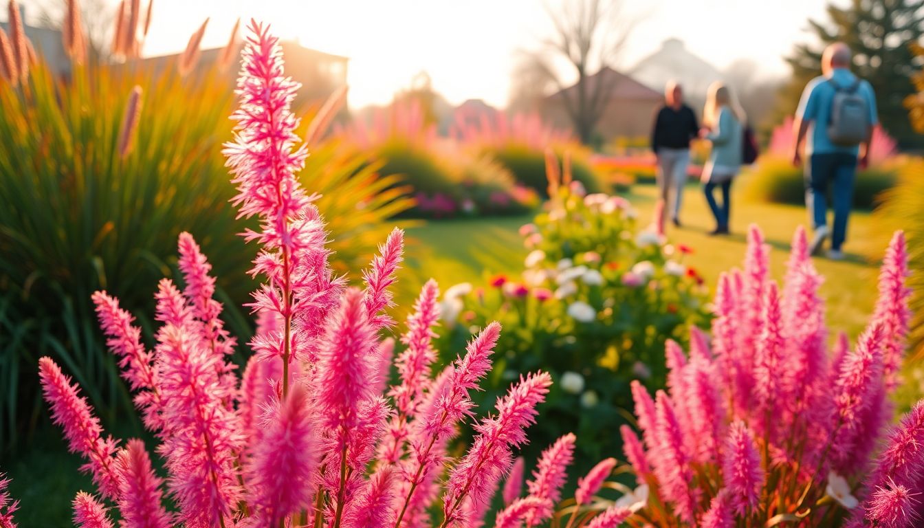 아침고요수목원의 핑크뮬리가 아름답게 피어있고 가족들이 산책하는 모습