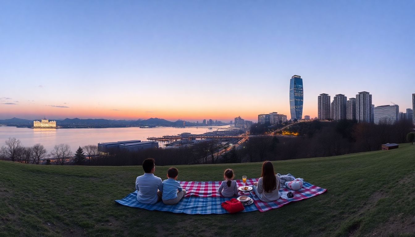 이촌 한강공원에서 가족들이 피크닉을 하며 불꽃놀이를 즐기는 모습
