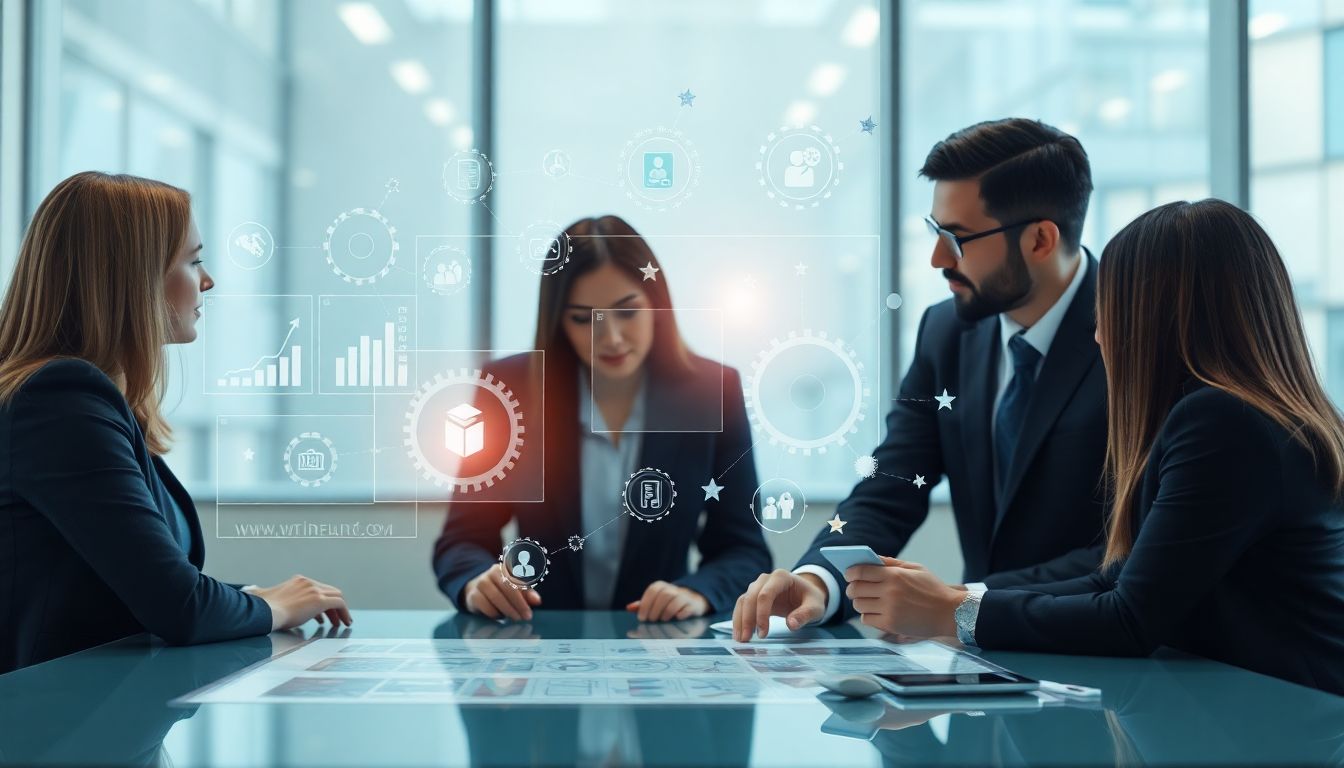 데이터 신뢰도와 규제 준수를 지원하는 협업하는 비즈니스 팀과 디지털 대시보드 이미지