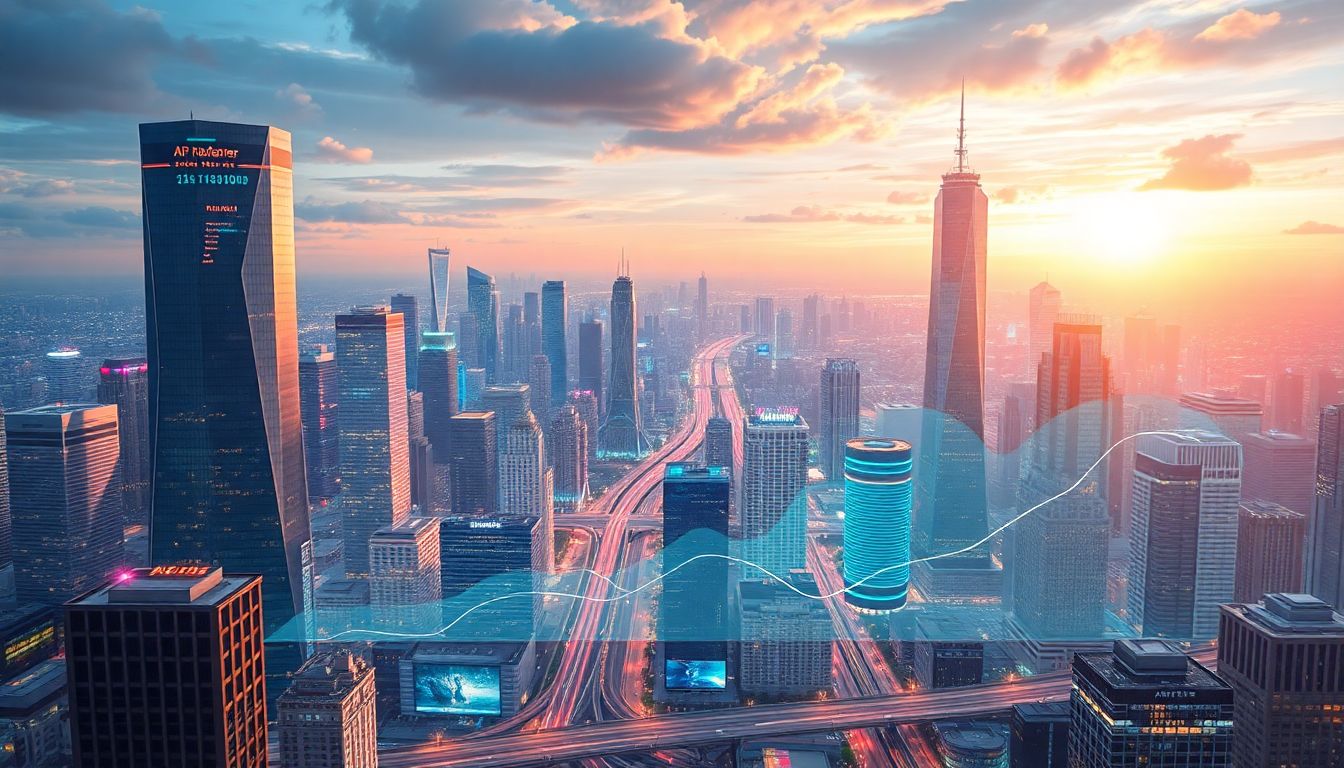 AI 마케팅 산업의 빠른 성장과 2025년 연간 매출 전망을 나타낸 미래 도시 풍경