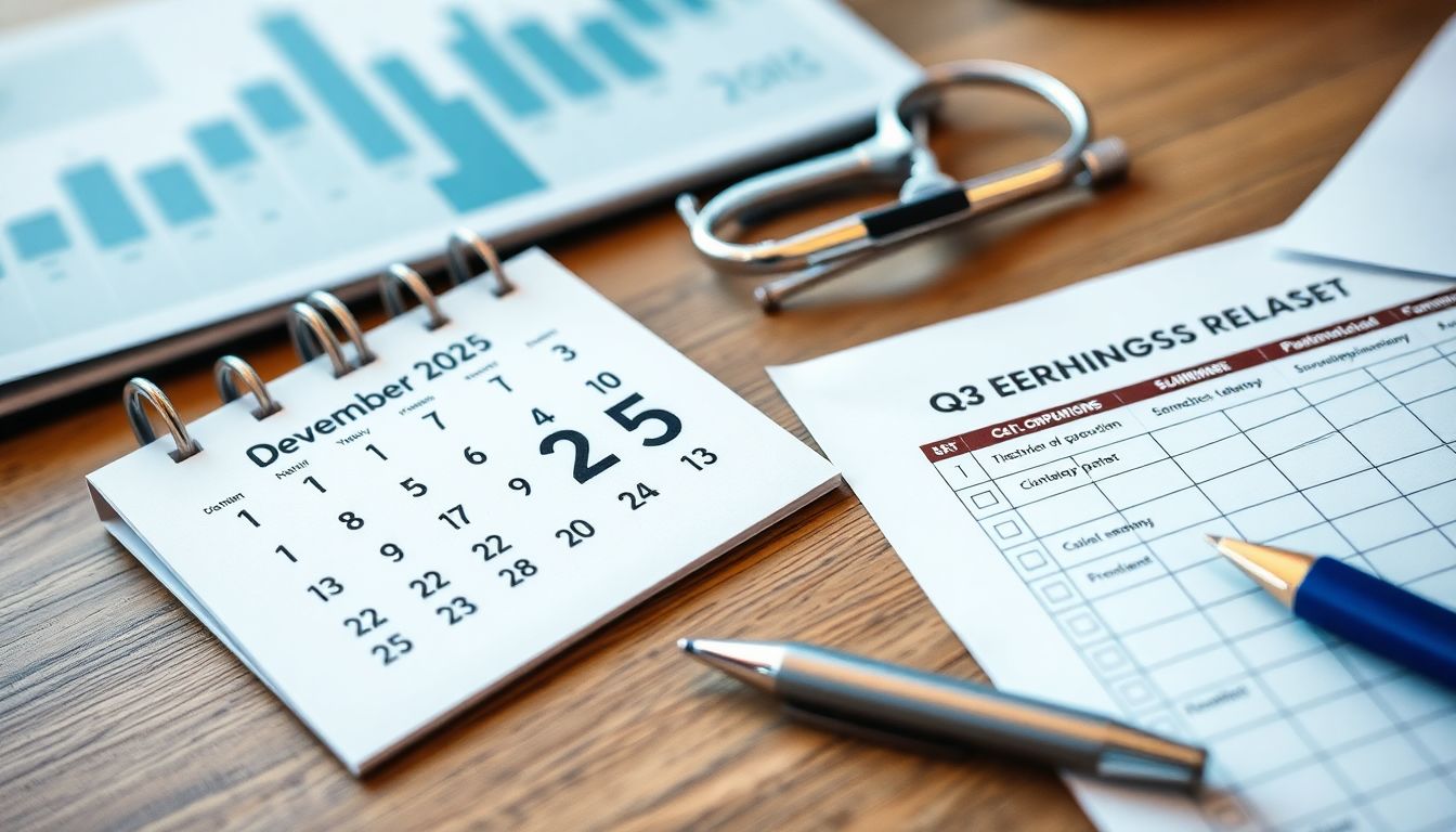 2025년 11월 4일 분기 실적 발표 준비 체크리스트가 있는 달력과 서류 더미