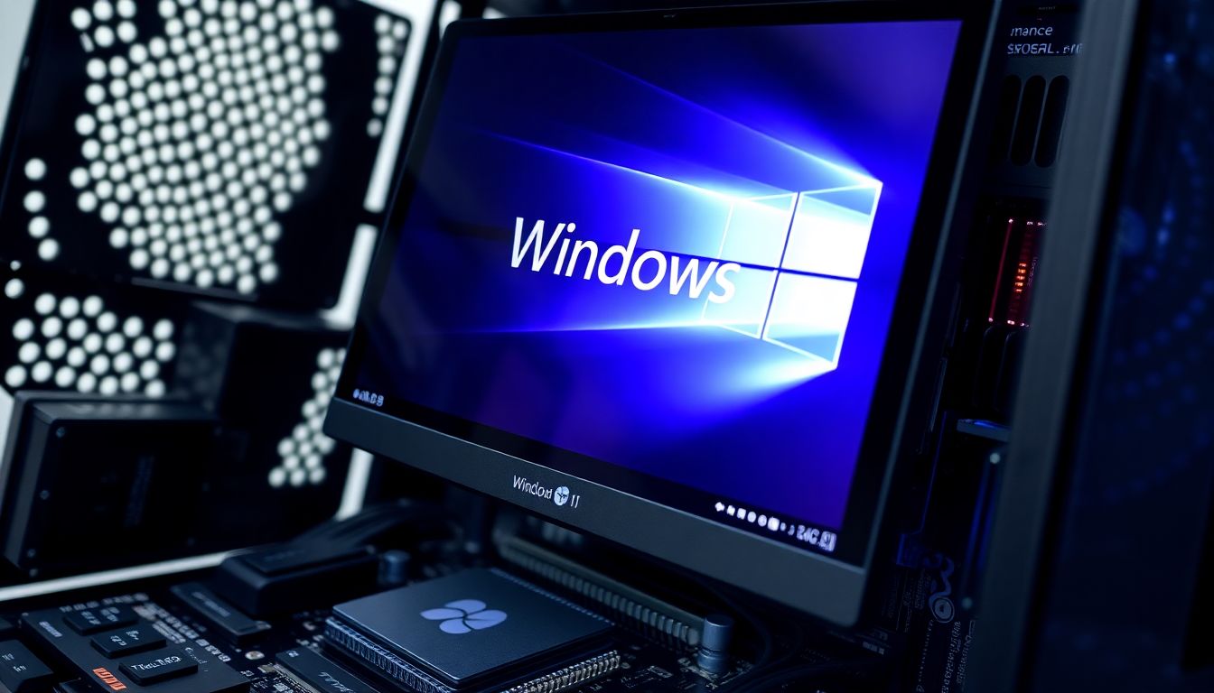 윈도우 11 시스템 요구사항을 나타내는 컴퓨터 화면과 하드웨어 부품 이미지