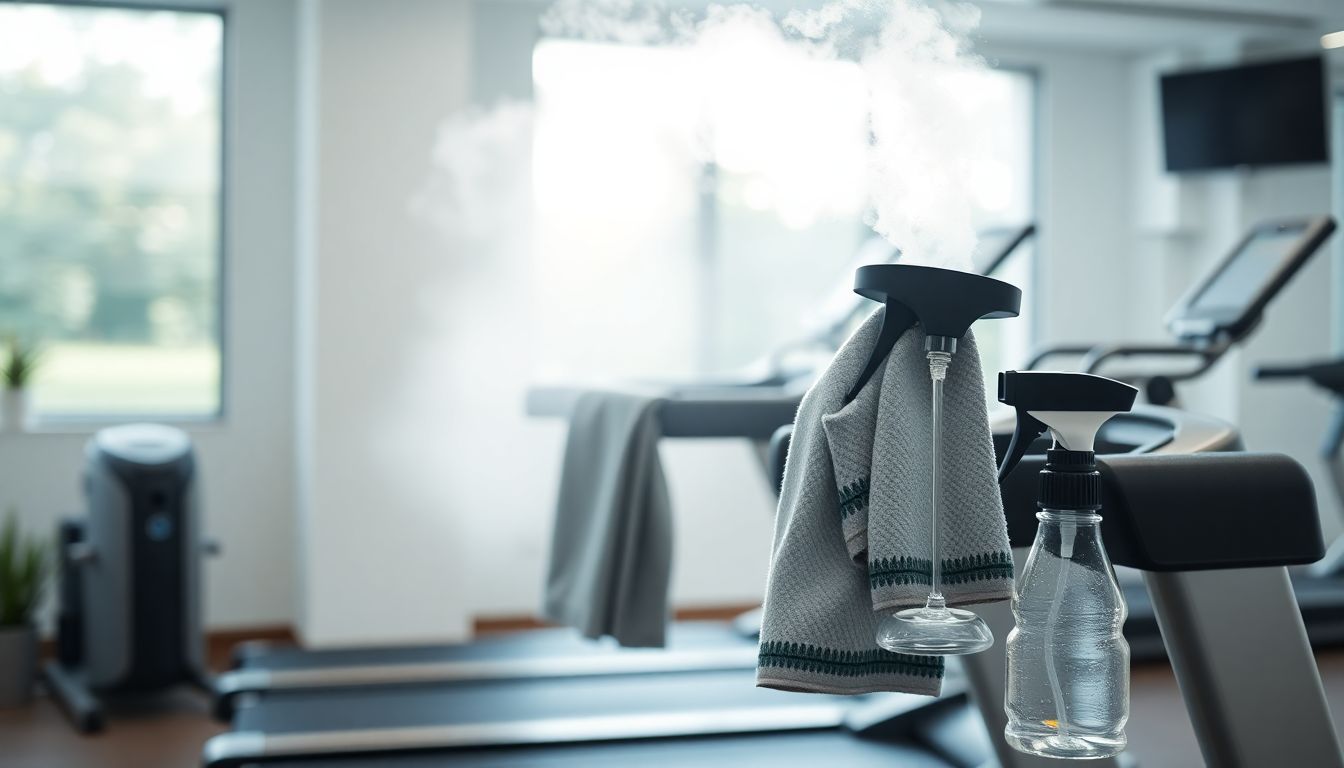 러닝머신 주변 습도 조절을 위한 가습기와 젖은 수건, 정전기 방지 스프레이 사용 장면