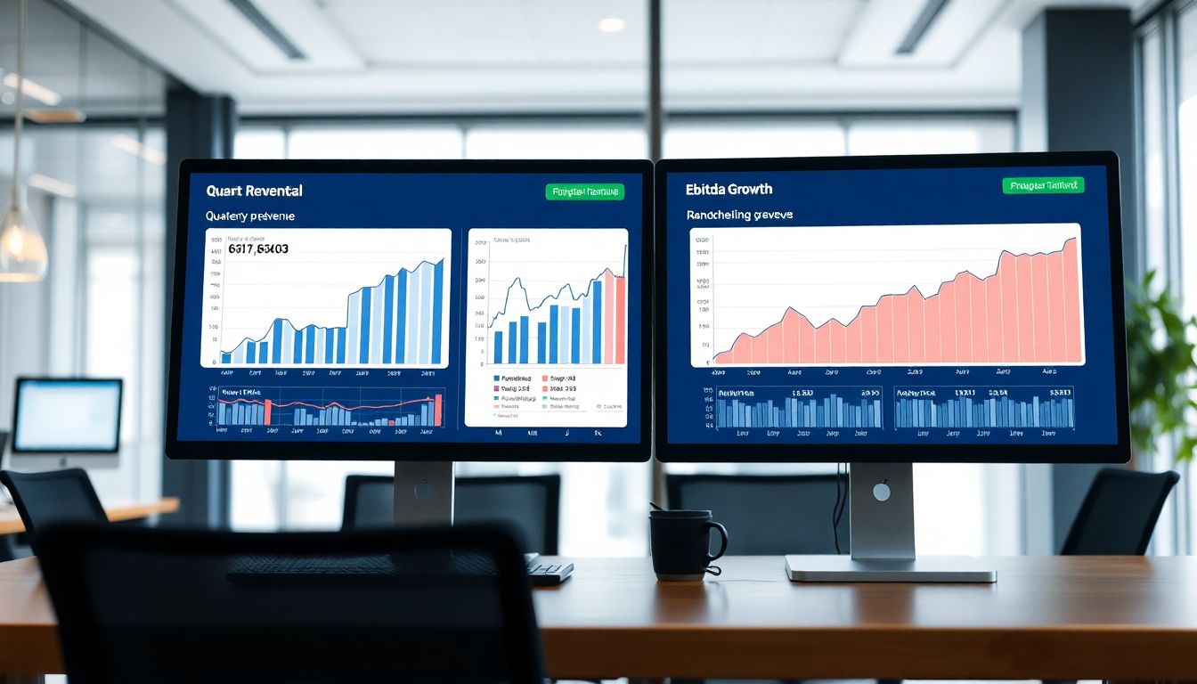 분기별 매출과 EBITDA 상승 추이를 보여주는 실사 스타일의 재무 대시보드