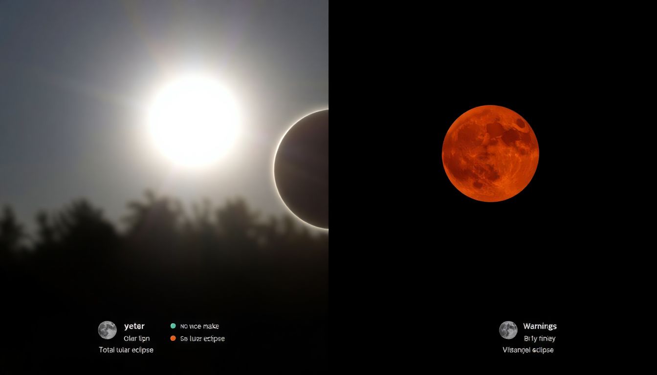 개기일식과 개기월식의 차이와 관측법을 비교한 시각적 설명 이미지