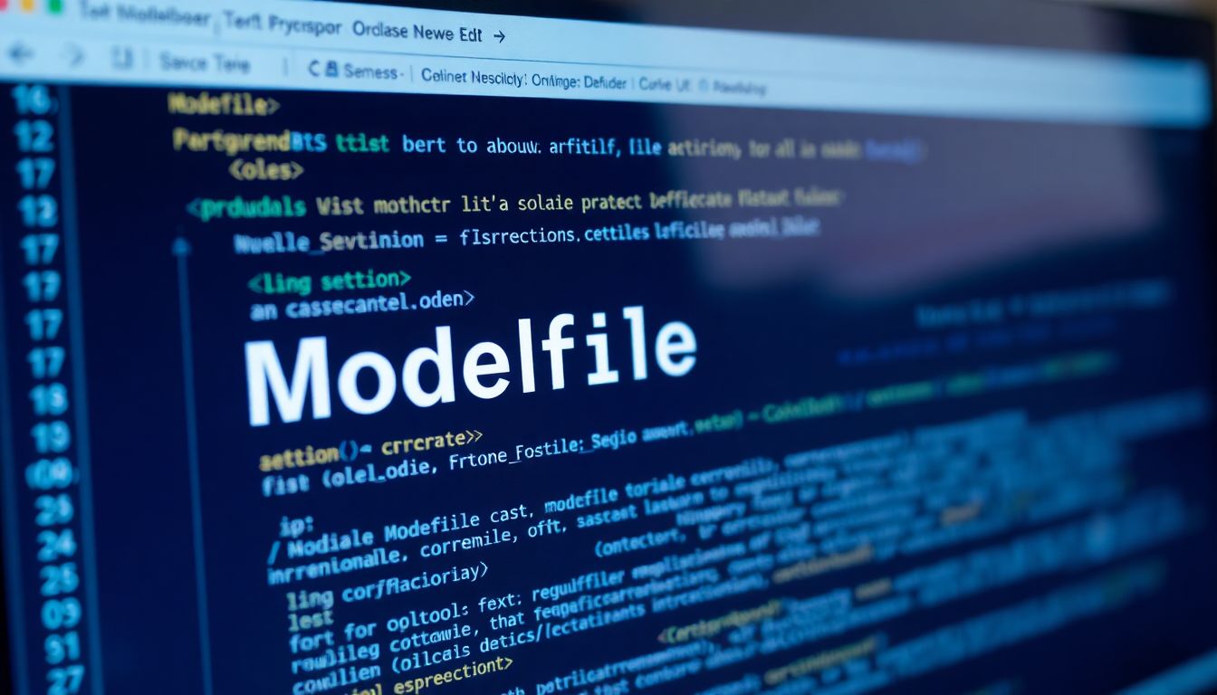 컴퓨터 화면에 Modelfile 설정 파일이 열려 있는 프로그래밍 환경 클로즈업