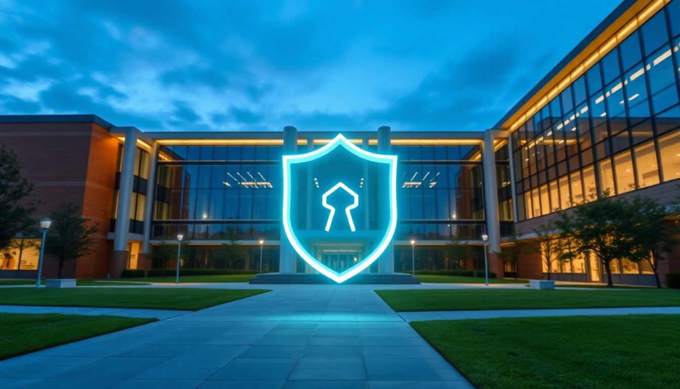 서울대 캠퍼스와 사이버 보안을 상징하는 디지털 방패 이미지