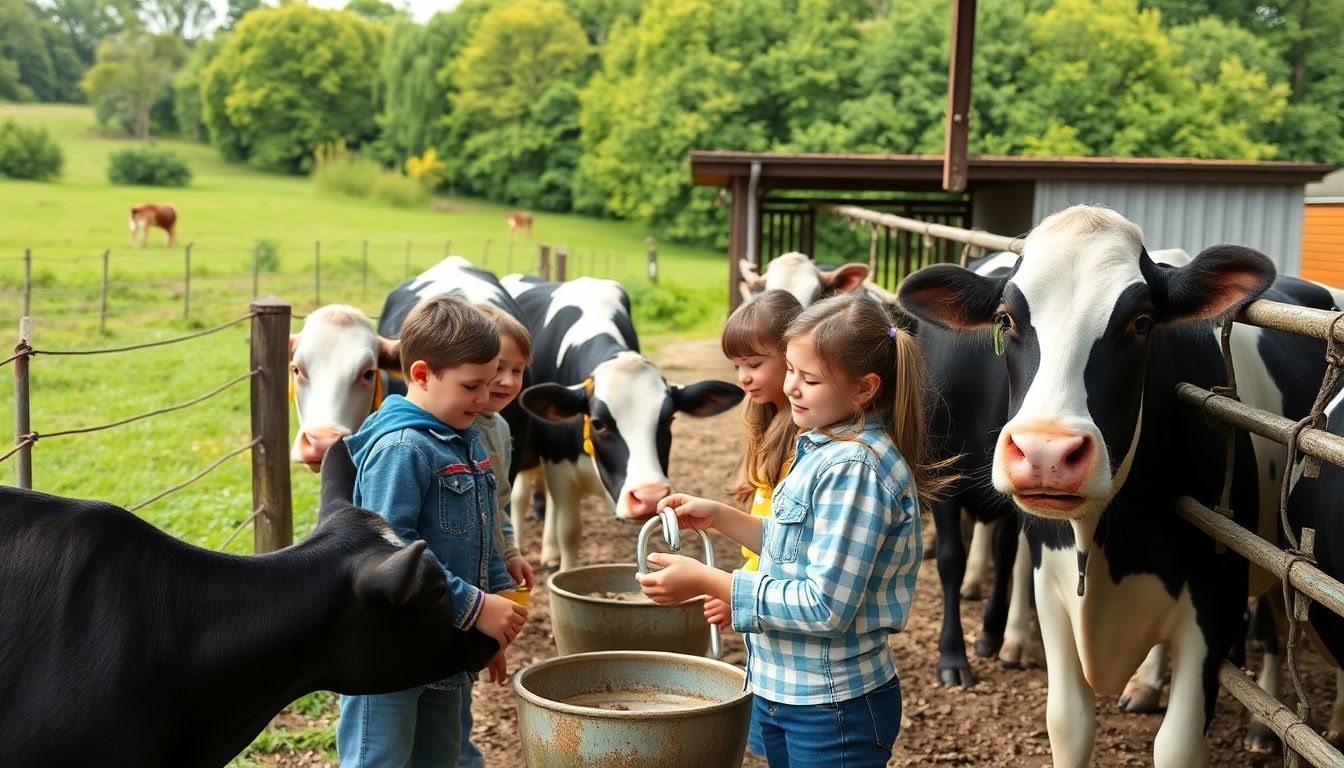 의왕 청계목장에서 아이들이 낙농 체험을 하는 모습
