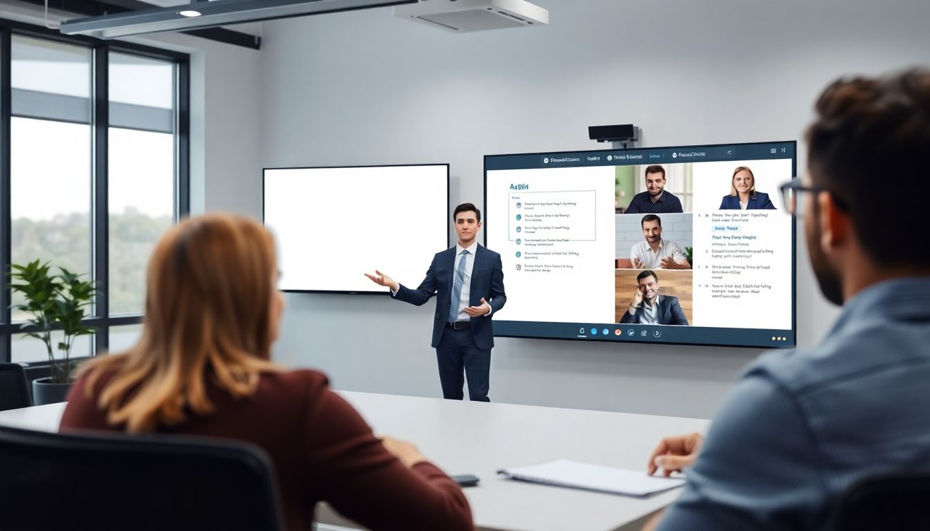 디지털 화이트보드 앱에서 프레젠테이션 모드를 사용하며 화상 회의 도구와 실시간 화면 공유, 채팅, 투표 기능을 활용하는 원격 회의 장면