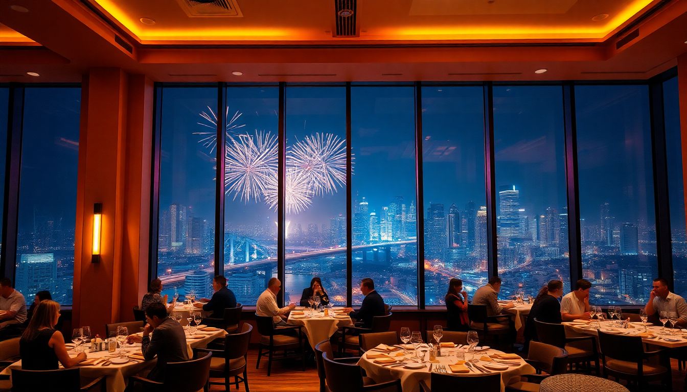 고급 레스토랑에서 불꽃을 관람하며 식사하는 모습