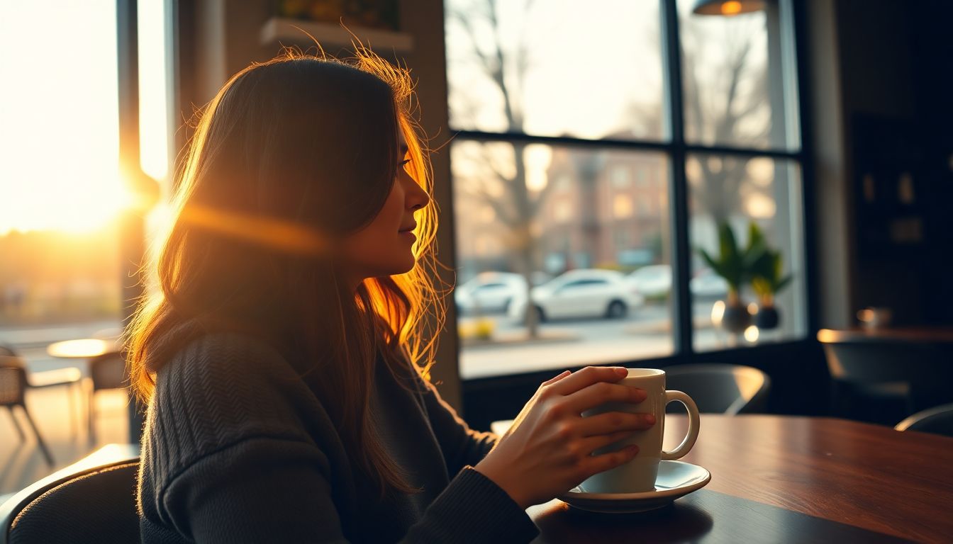 아침 햇살이 비치는 현대적이고 아늑한 카페에서 커피를 마시며 여유를 즐기는 여성의 모습